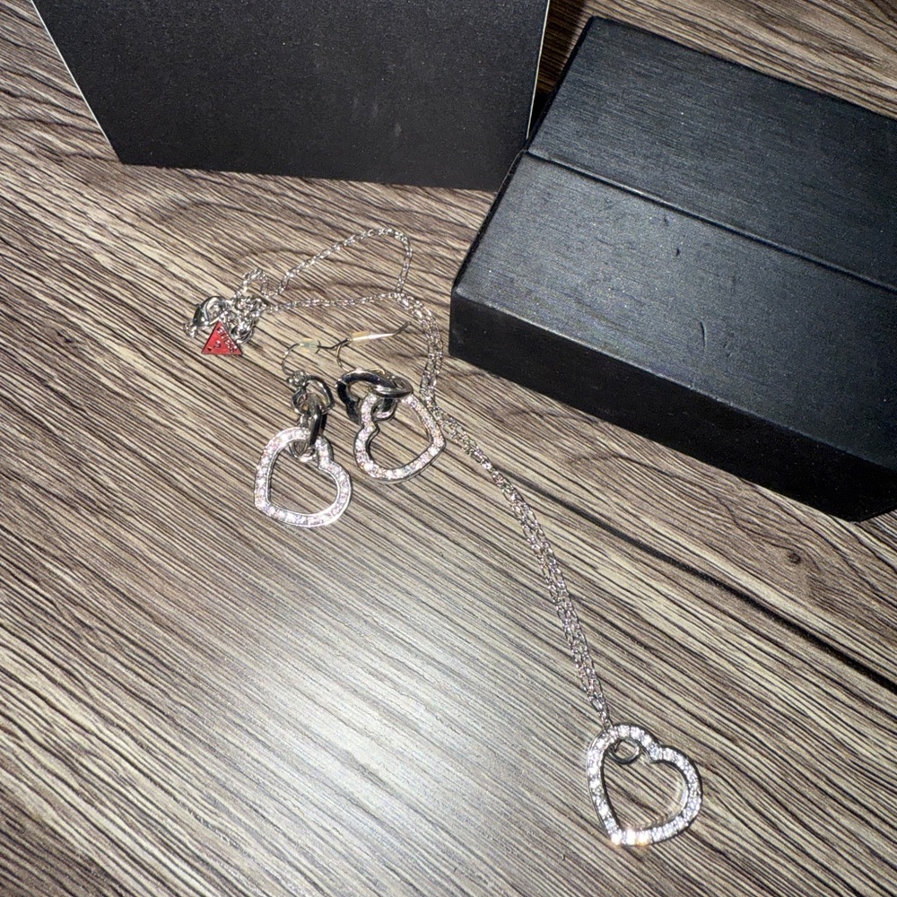 Elegant Silver GUESS Heart Necklace and Earring Set 2 sides
